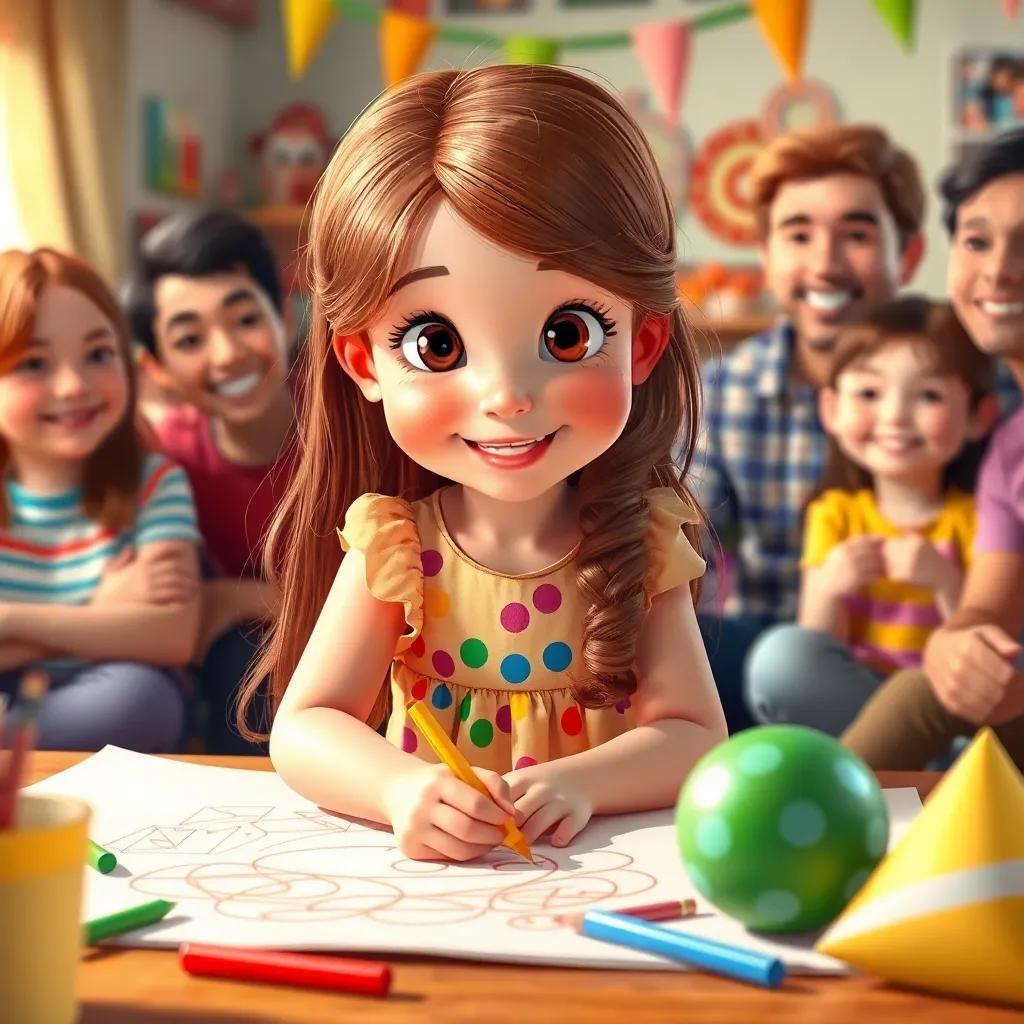 A young girl, Sarah, with long brown hair, wearing a colorful birthday dress, drawing on large paper surrounded by family, bright colors and cheerful environment, creative scene, warm light, detailed and inviting, high quality