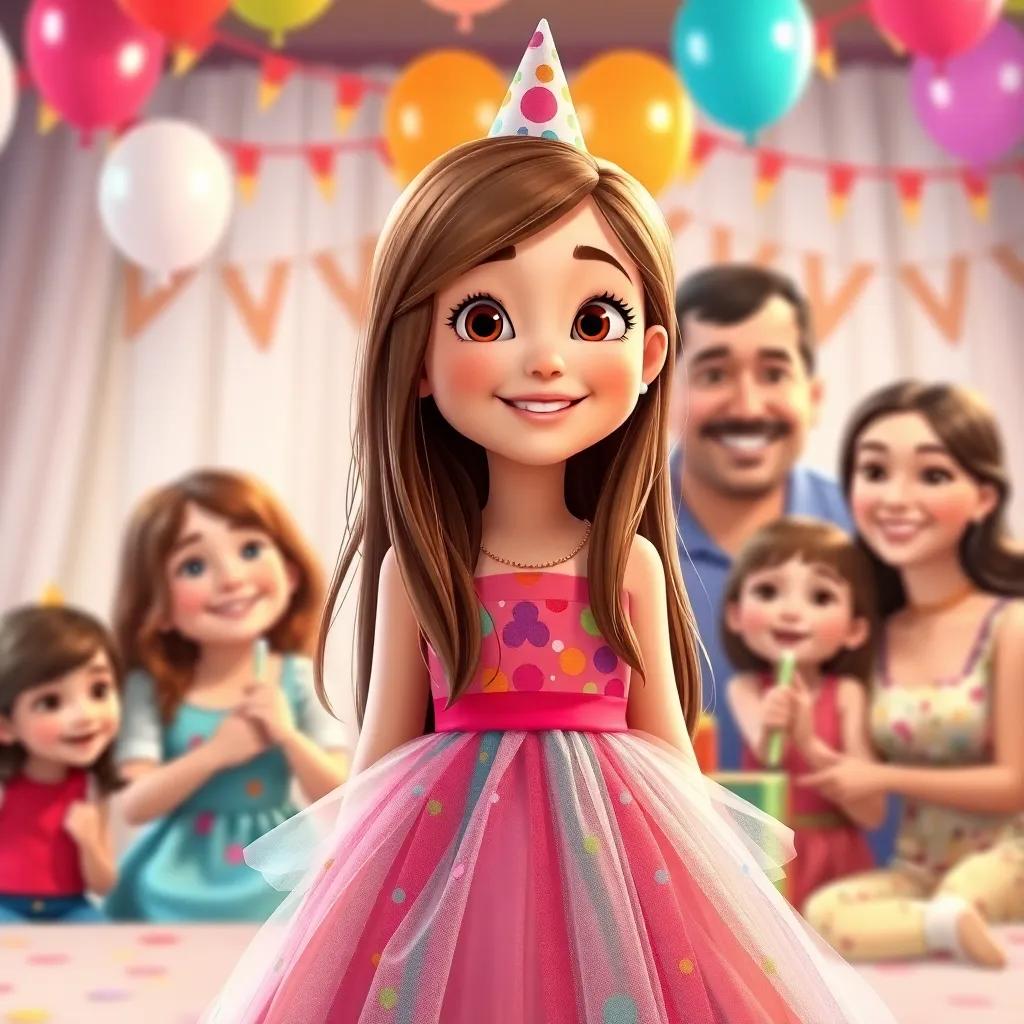 A young girl, Sarah, with long brown hair, wearing a colorful birthday dress, with her family gathered around her at the party, balloons and decorations in the background, smiling and celebrating together, festive scene, joyful colors, high quality