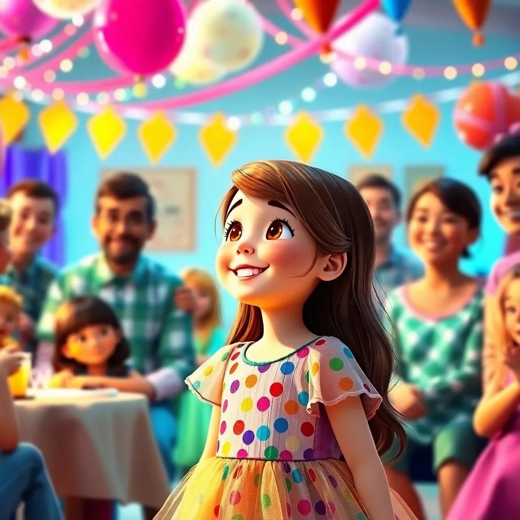 A young girl, Sarah, with long brown hair, wearing a colorful birthday dress, joyfully looking at all her family and new neighbors at the party, filled with love and laughter, happy atmosphere, bright lights, colorful decorations, high quality