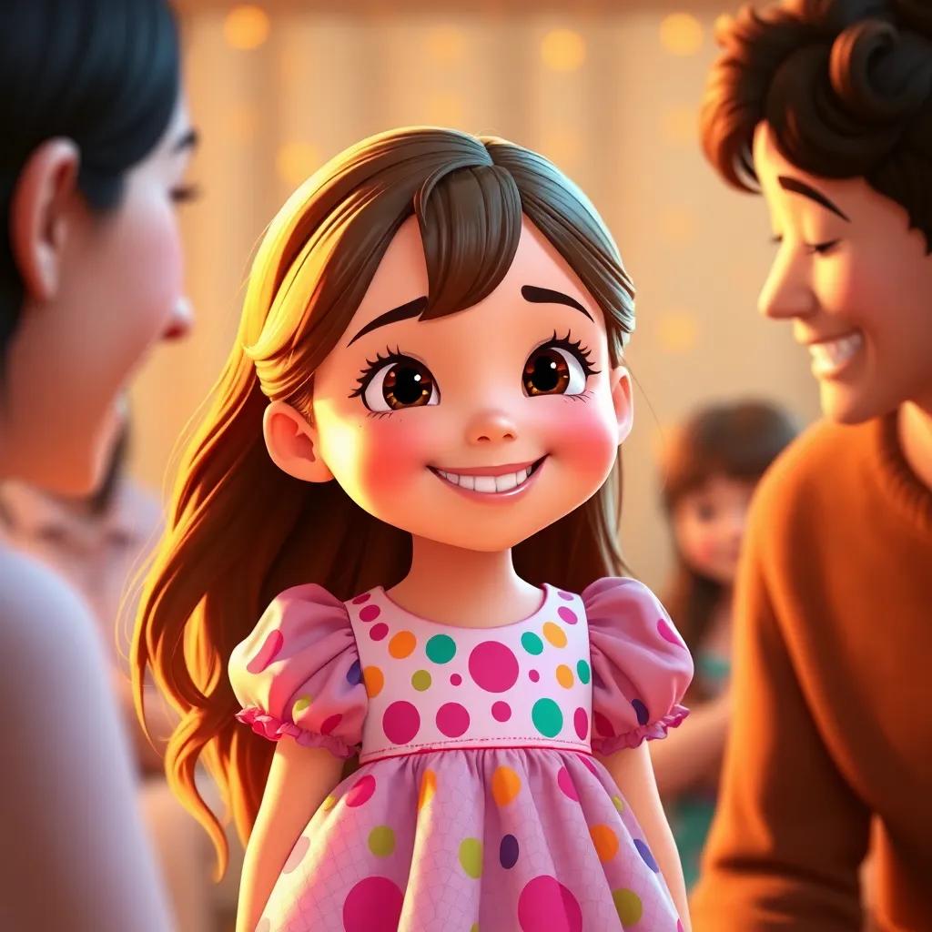 A young girl, Sarah, with long brown hair, wearing a colorful birthday dress, thanking her parents with a joyful smile, filled with gratitude and happiness, warm light, family atmosphere, cozy scene, high quality