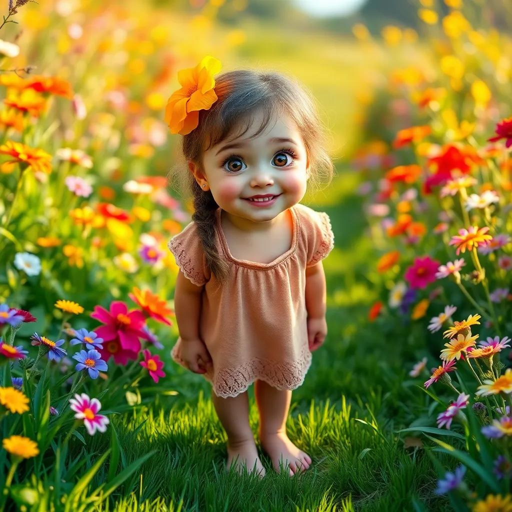 A brave girl, Sarah, with bright eyes and a cheerful smile, barefoot in a sunlit garden, surrounded by colorful flowers and lush green grass, whimsical, vivid colors, enchanting atmosphere, high-quality