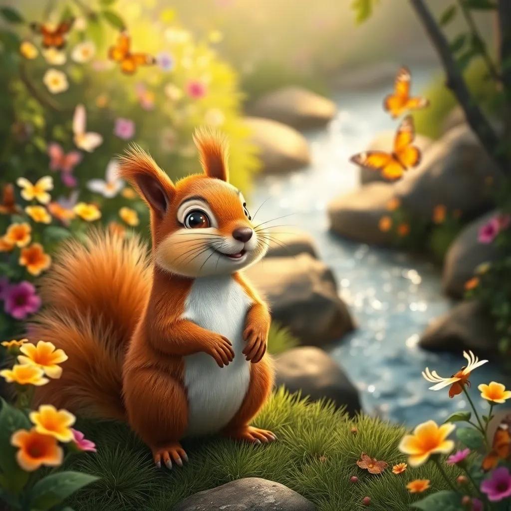 A lively squirrel, Sammy, with fluffy fur, talking to Sarah, the garden filled with butterflies and a sparkling stream in the background, cheerful, adventure-themed, child-friendly, high quality