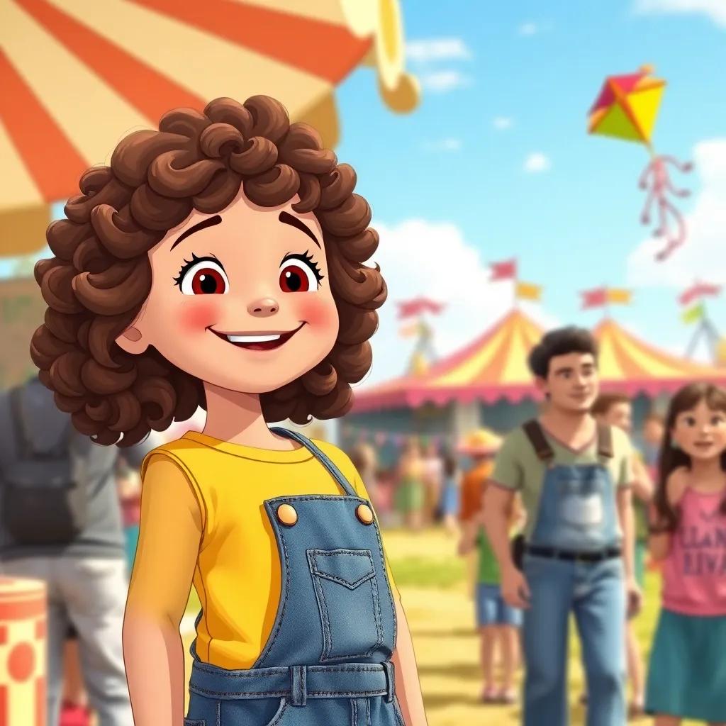 A happy young girl, Sarah, with curly brown hair in a bright yellow shirt and denim overalls, standing at a sunny fair, looking at a colorful kite flying high, surrounded by family and friends, joyful setting, detailed illustration, child-friendly
