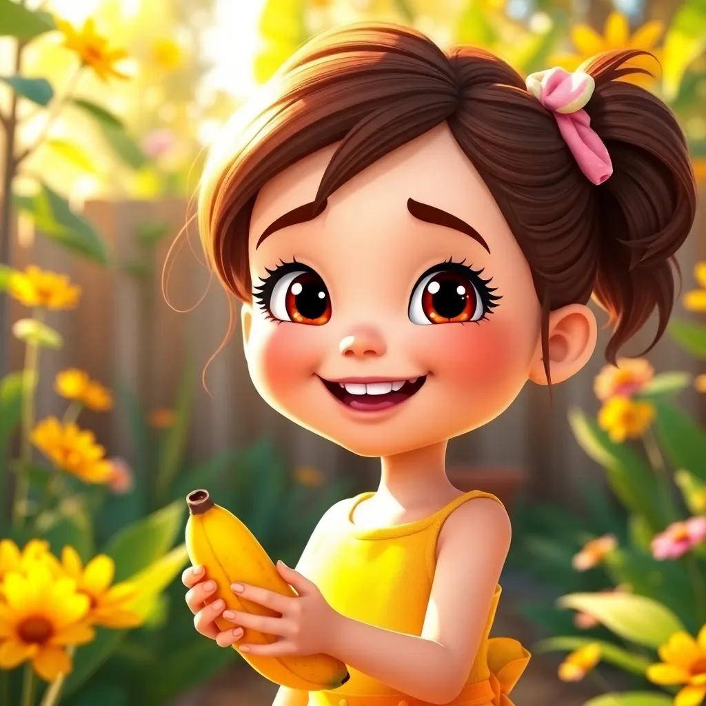 Sara, a cheerful girl with brown eyes wearing a bright yellow dress, smiling widely as she holds a banana in a sunny garden, digital art, warm colors, joyful atmosphere, high quality