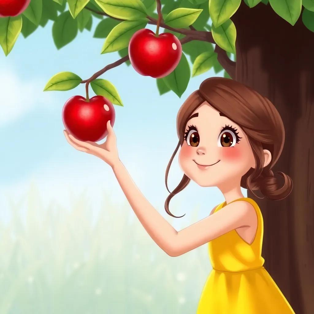 Sara, a cheerful girl with brown eyes in a yellow dress, reaching up to pick a shiny red apple from a tall tree, detailed illustration, bright colors, inviting atmosphere, high quality
