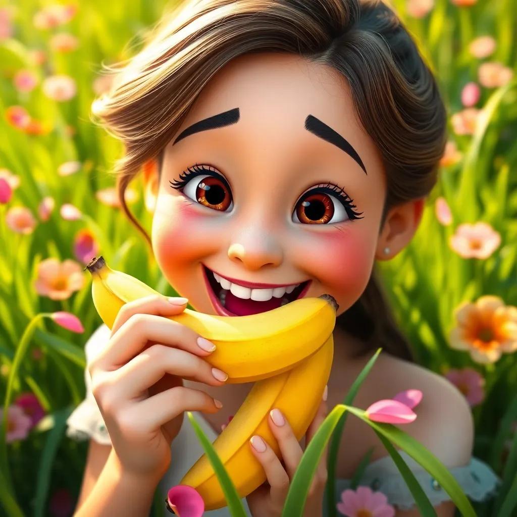 A close-up of Sara munching on a ripe banana, with a joyful smile on her face, surrounded by lush green grass and flower petals, digital art, happy mood, bright colors
