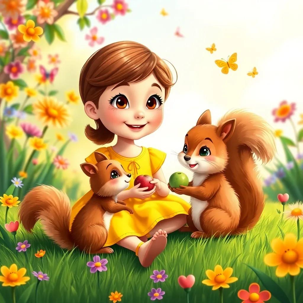 Sara, a happy girl with brown eyes in a yellow dress, sitting on the grass sharing fruits with a cute fluffy squirrel, in a colorful garden with butterflies, illustration, warm colors, friendly atmosphere, high quality