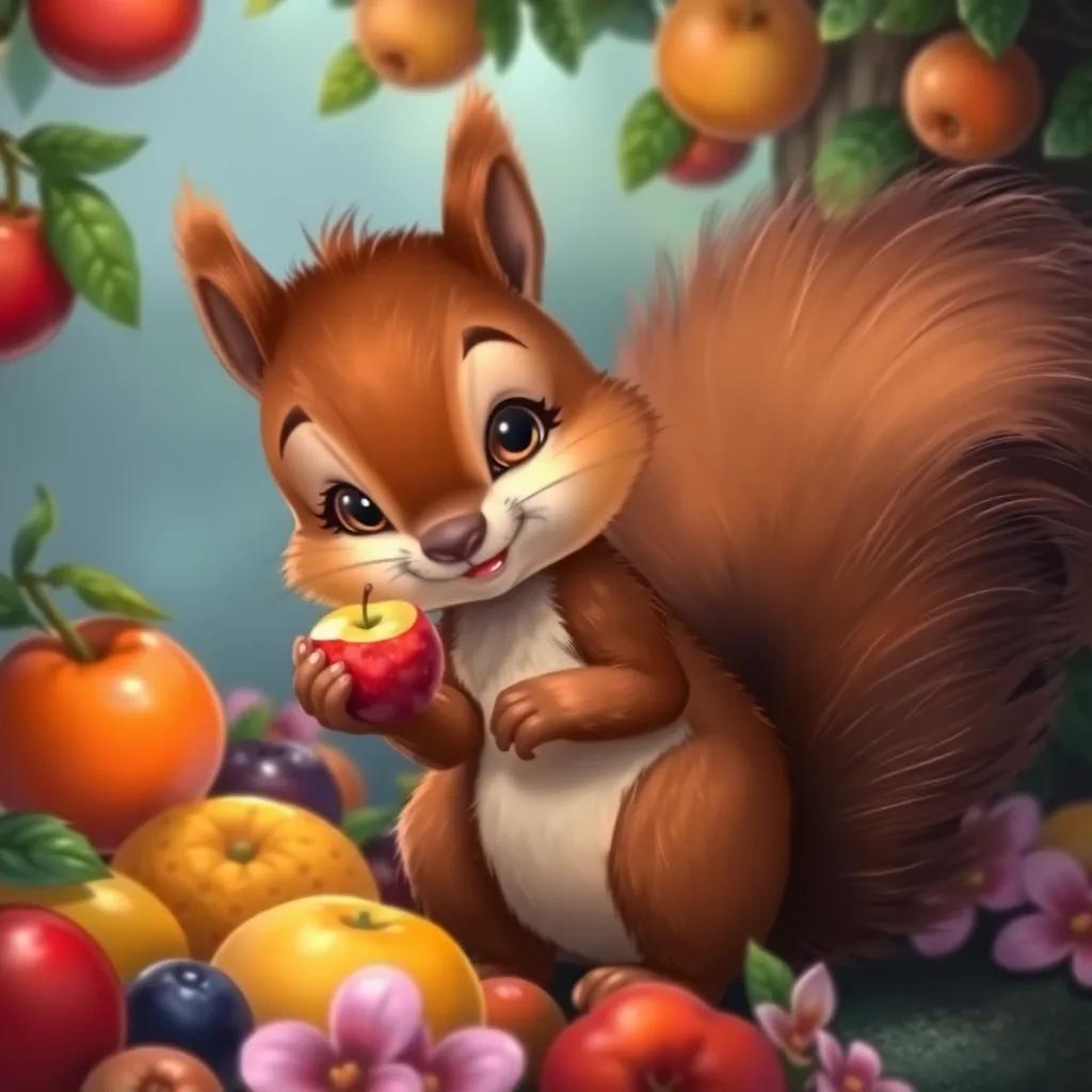 A playful squirrel with a bushy tail, holding a tiny piece of apple while looking at Sara with bright eyes, surrounded by fruits and flowers, digital painting, cute style, vibrant colors