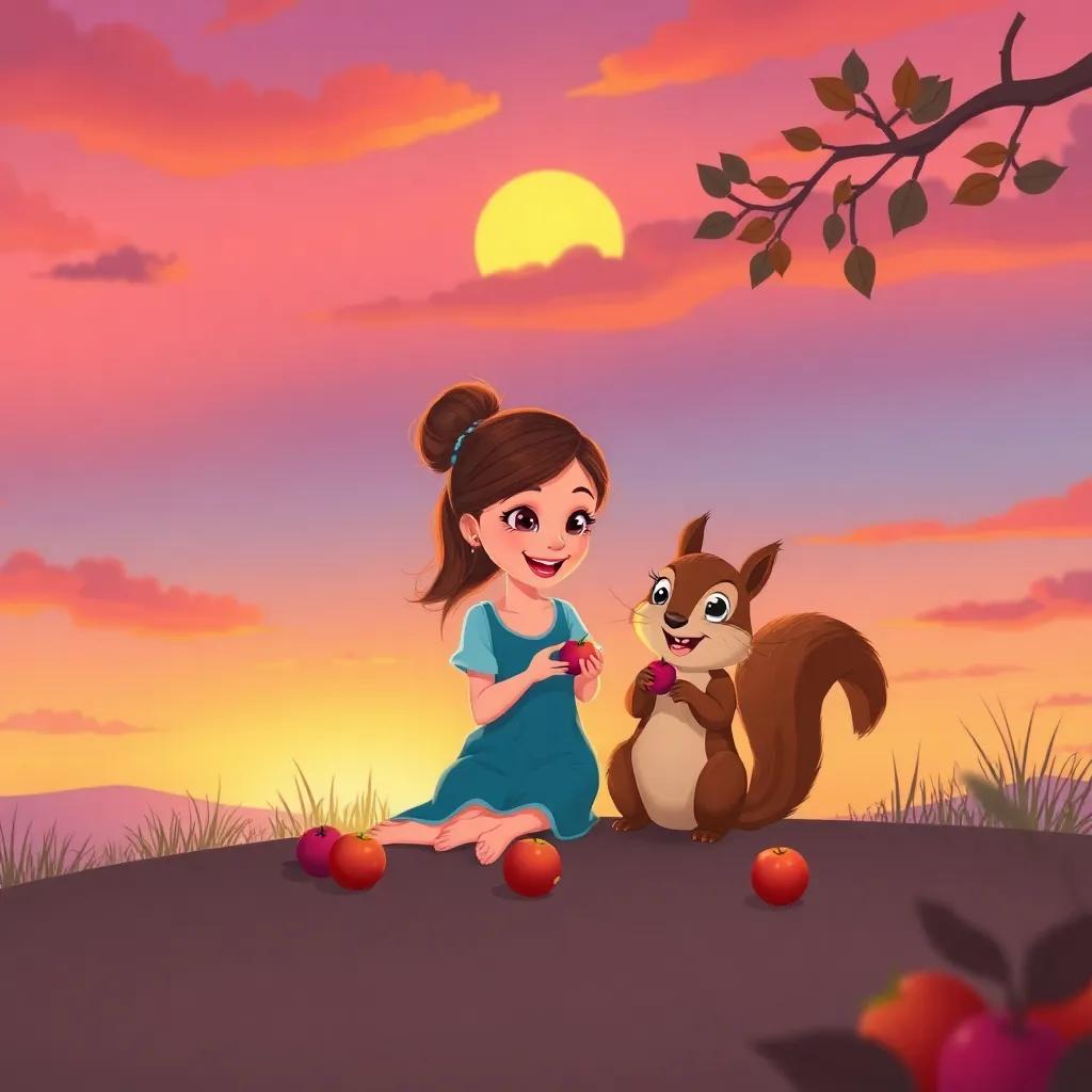 A sunset scene where Sara and the squirrel sit together enjoying their fruits under the beautifully colored sky, peaceful and joyful atmosphere, illustration, warm colors, serene moment