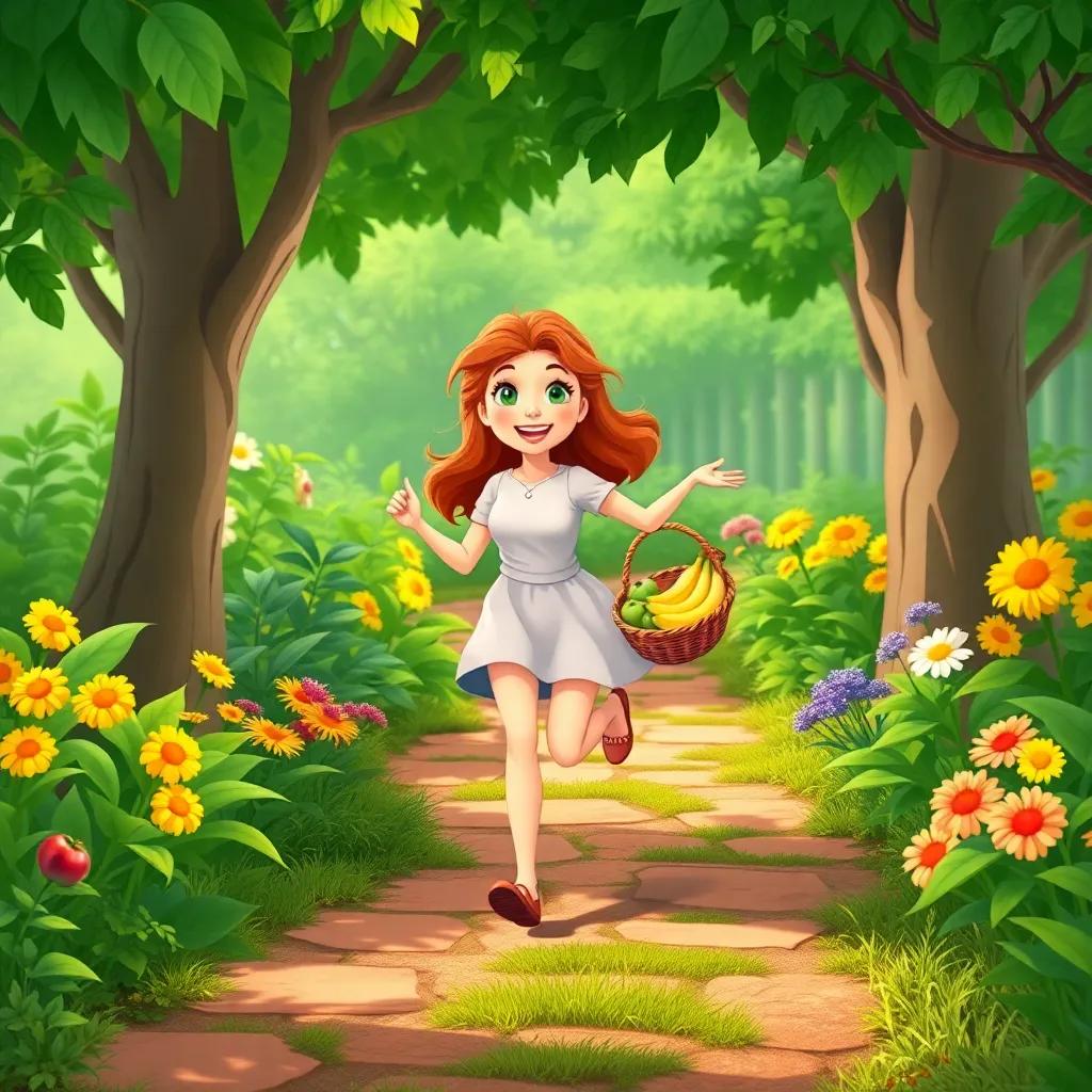 Sara skipping happily down the garden path, with a basket of mixed fruits, including bananas and apples, surrounded by lush greenery, illustration, bright colors, cheerful vibe, high quality