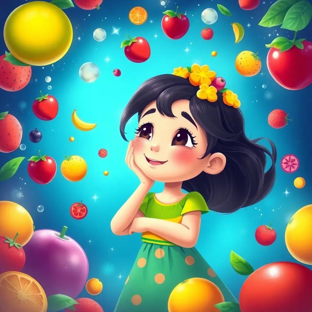 Sara, a cheerful girl dreaming of her fruity adventures, with colorful fruits swirling around her in her dream, digital painting, imaginative and playful, bright colors, high quality