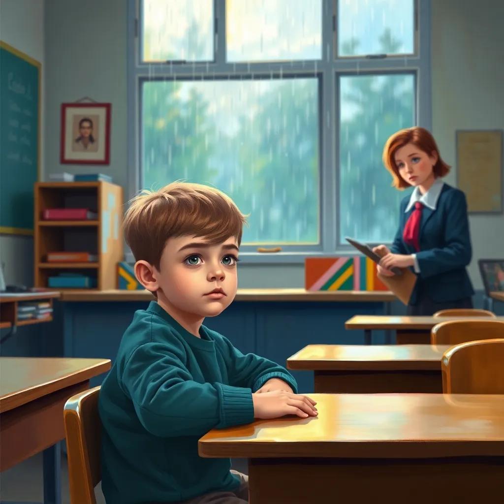 A small boy, Scott, 7 years old, sitting at a desk in a classroom, looking nervous, rain tapping against the window, with a teacher looking stern, vibrant colors, warm light, focused perspective, digital art