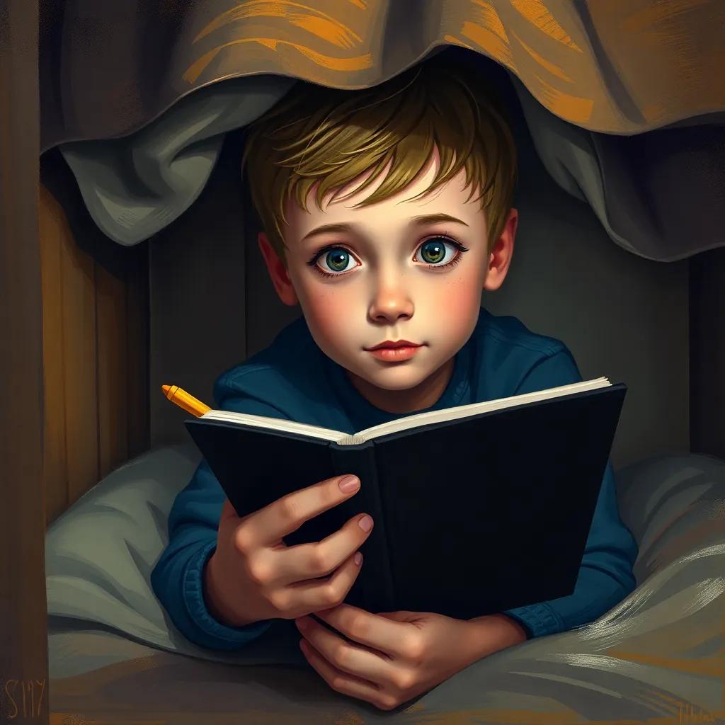A young boy, Scott, 7 years old, hiding under his bed with a black notebook and a golden pen, in a small room with soft lighting, emotional atmosphere, digital painting