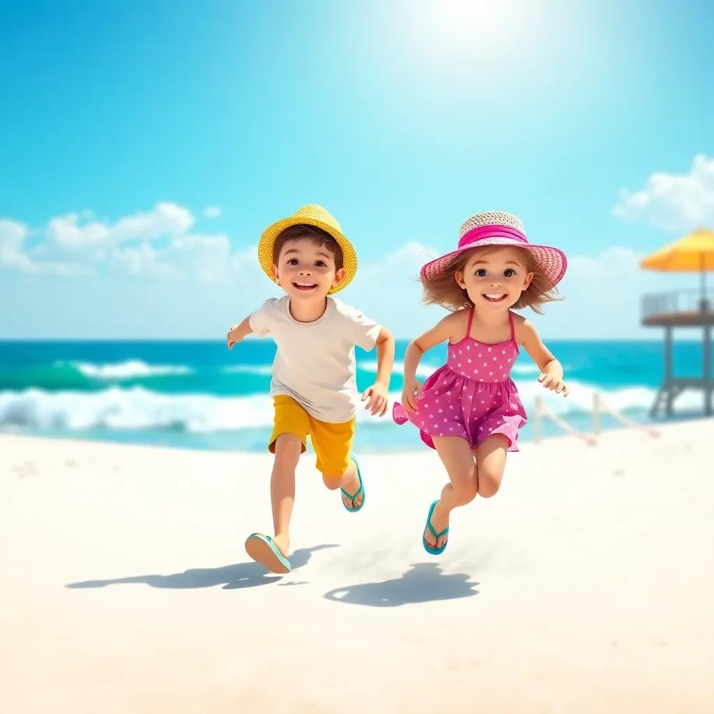 A sunny beach scene in Florida with two children, Vincent and Siena, aged 11, running joyfully towards their grandparent's house, wearing colorful hats and flip-flops, bright blue sky, ocean waves in the background, cheerful, vibrant colors, high quality