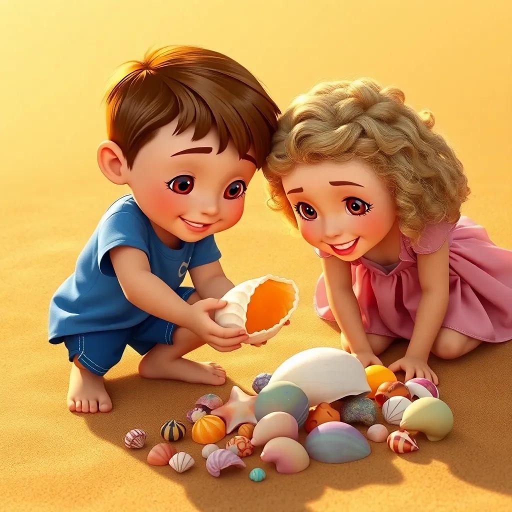 Vincent, a young boy with short brown hair, wearing a blue t-shirt and shorts, holding a shiny conch seashell, while Siena, a young girl with curly blonde hair, wearing a pink dress, crouches next to him on the golden sand, examining colorful seashells, detailed digital art, warm sunlit atmosphere, joyful expressions, high quality