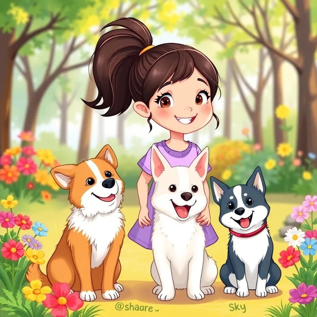 Sehar, a cheerful girl with dark brown hair in a ponytail, standing next to her two dogs, Sky and Sasha, in the park, colorful flowers around, sunshine, playful scene, illustration, joyful vibe, high quality