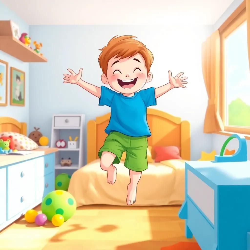 A young boy, Sergei, with light brown hair, wearing a bright blue t-shirt and green shorts, jumping out of his bed with a big smile, in a sunny room with colorful toys, digital art, cheerful, bright colors, lively atmosphere, high quality