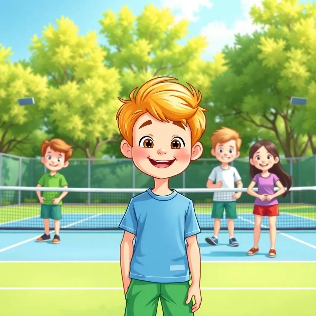 A young boy, Sergei, with light brown hair, wearing a bright blue t-shirt and green shorts, standing happily on a padel court with his friends, surrounded by green trees and a clear blue sky, illustration, vibrant, energetic, child-friendly, high quality