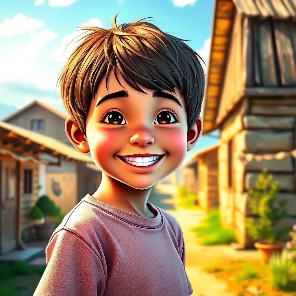 In a remote village, a young boy named Samy, with short brown hair, wearing a simple shirt and shorts, smiling brightly, surrounded by cozy houses and sunny skies, digital art, cheerful, vibrant colors, hopeful atmosphere, close-up view, high quality