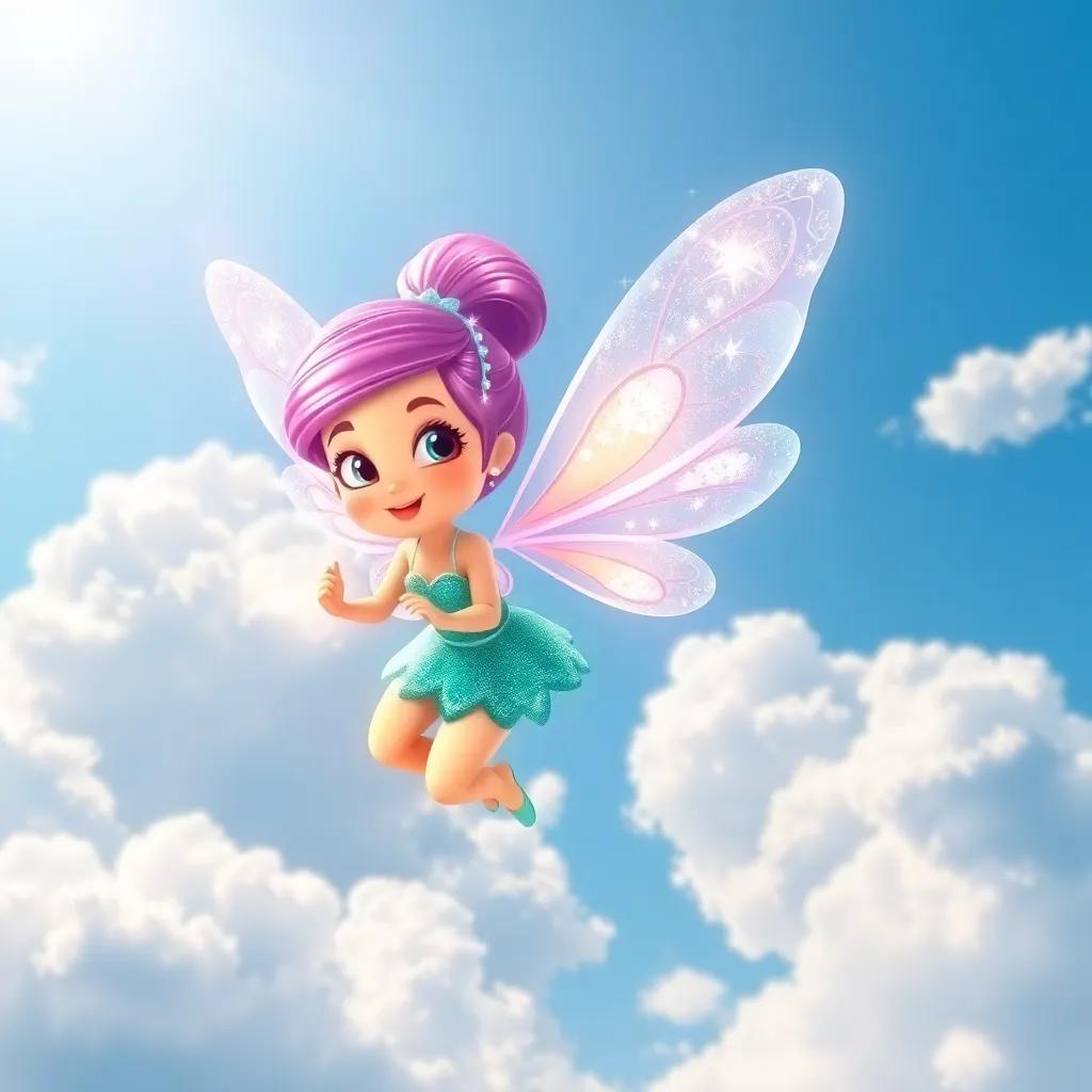 A cheerful fairy named Shimmer with sparkling wings, flying in a bright blue sky filled with fluffy clouds, digital art, vibrant colors, joyful atmosphere