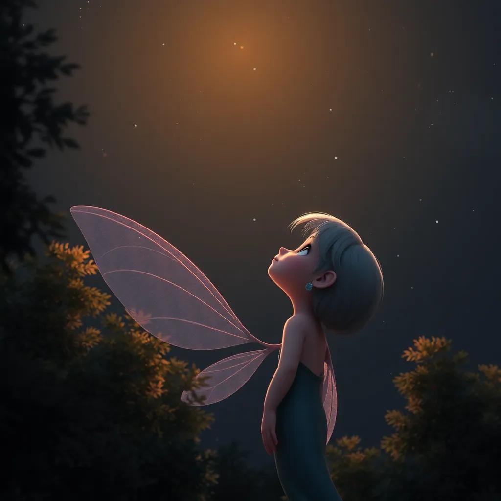 Shimmer looking up at a dark sky with no stars, her wings slightly drooping, surrounded by gentle trees, digital art, sad yet hopeful mood, warm light