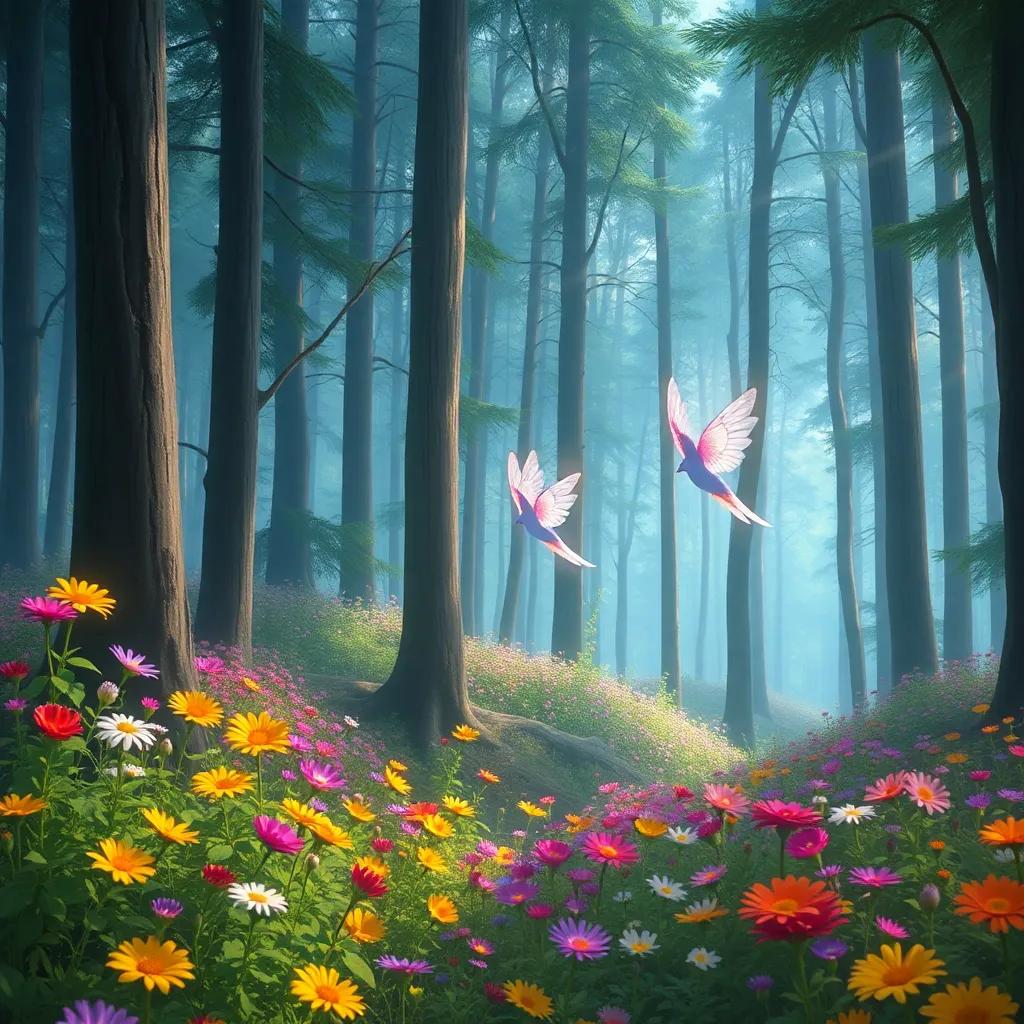 Shimmer flying over the Whispering Woods, a beautiful forest filled with bright flowers and tall trees, digital art, enchanting, magical vibes, colorful