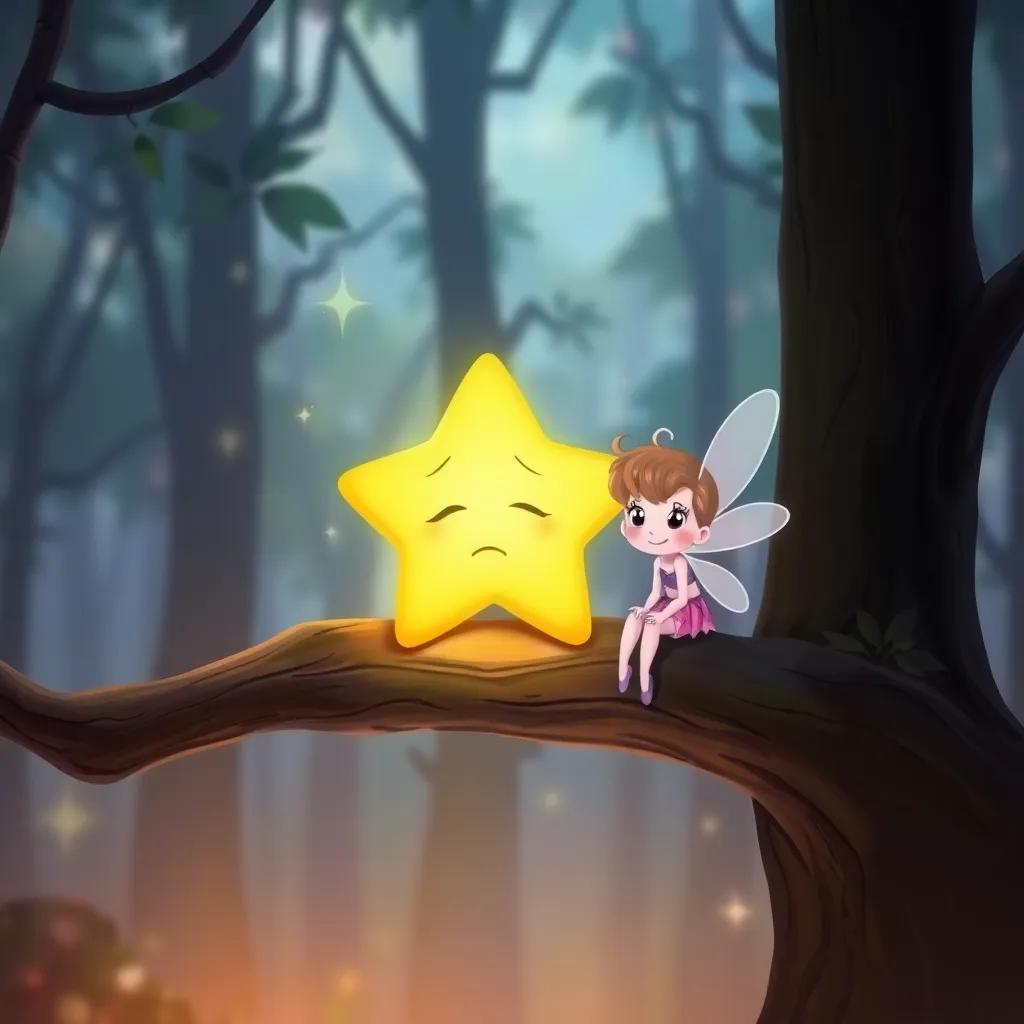 A sad little star, glowing softly, sitting on a tree branch, with Shimmer the fairy smiling beside it, magical forest background, heartwarming colors, illustration