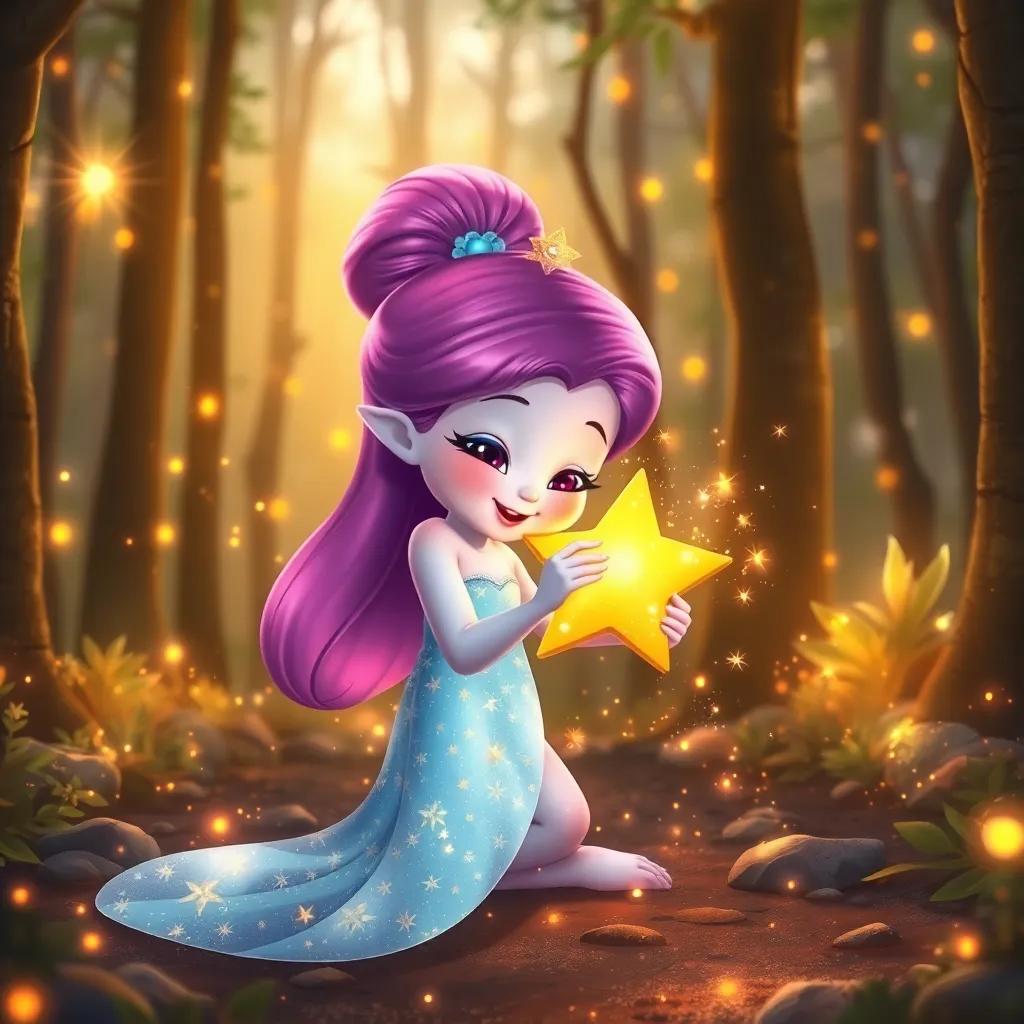 Shimmer hugging the little star, surrounded by sparkling magic dust, golden light filling the woods, digital art, cheerful, inviting scene
