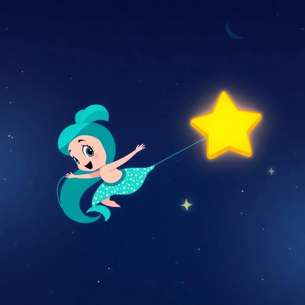 Shimmer and the little star flying together into the night sky, with a sense of adventure and wonder, filled with stars twinkling in the background, bright outline