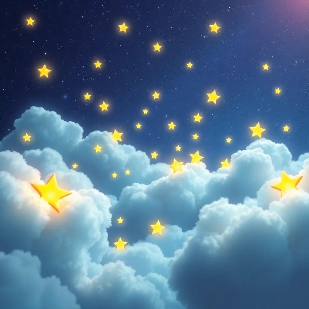 Shimmer finding more stars hidden behind fluffy clouds, with each star shining brightly, digital art, whimsical and lively atmosphere, fun