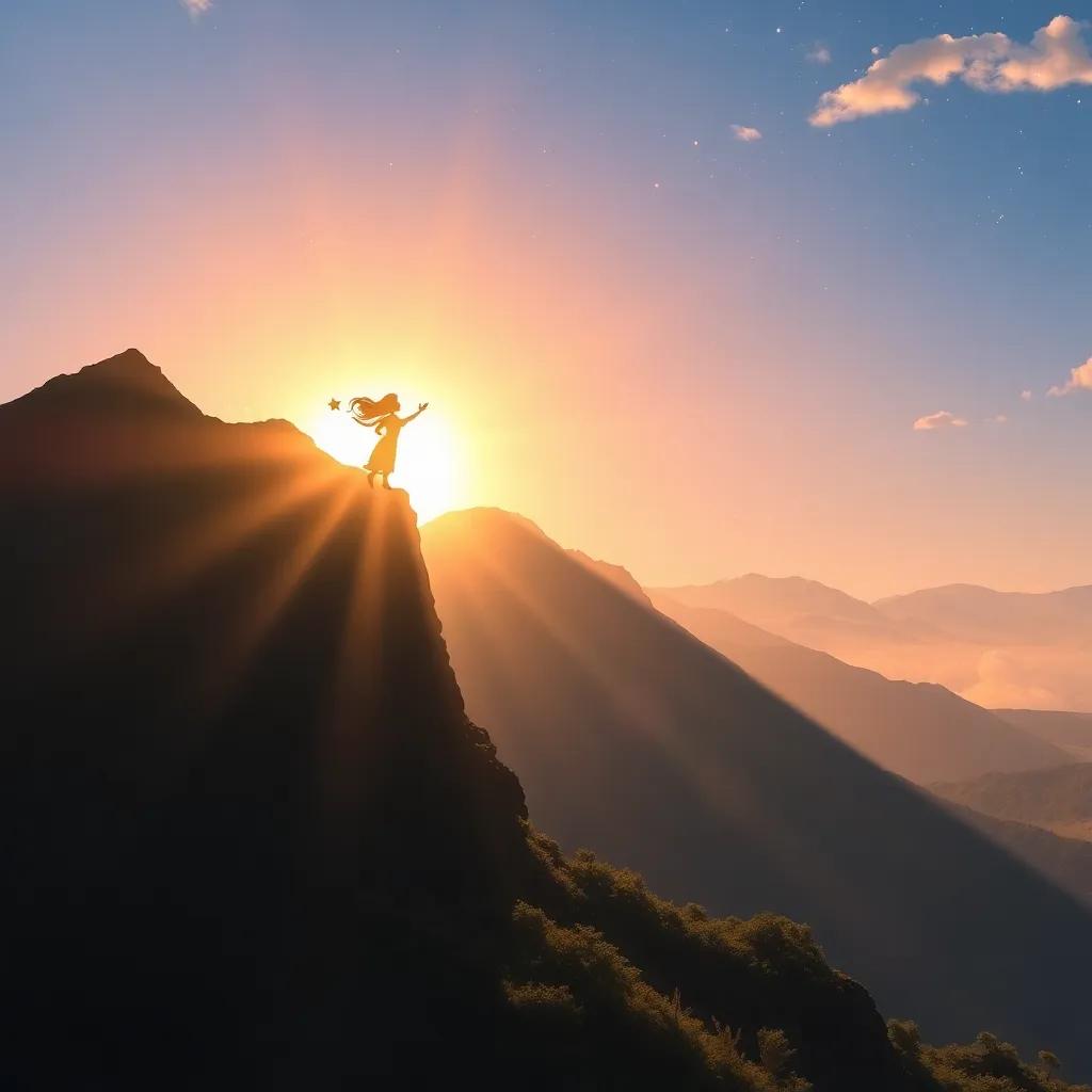 Shimmer and the stars happily soaring over a mountain, with a beautiful sunrise behind them, creating long shadows and bright colors, digital art, uplifting