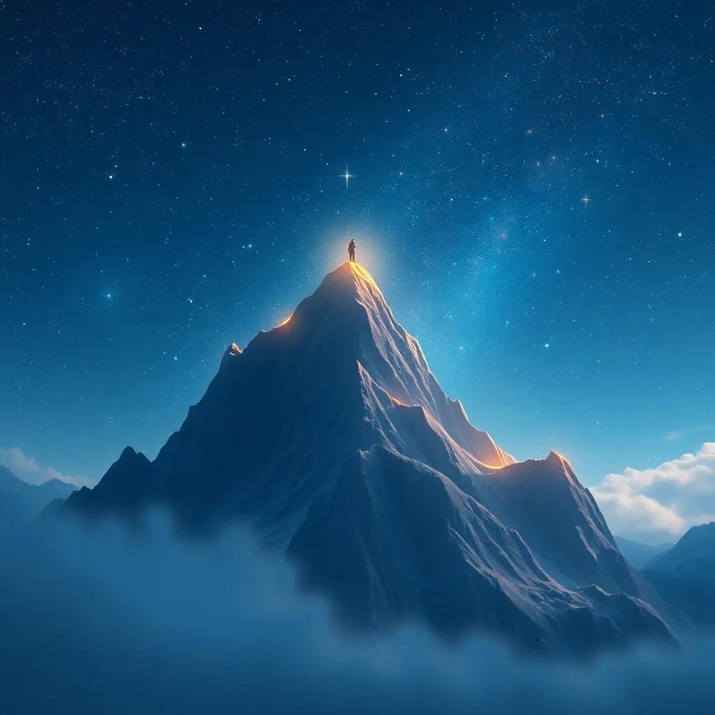 Shimmer and all the stars standing on top of the tallest mountain, lighting up the night sky with their sparkling glow, digital painting, breathtaking scene