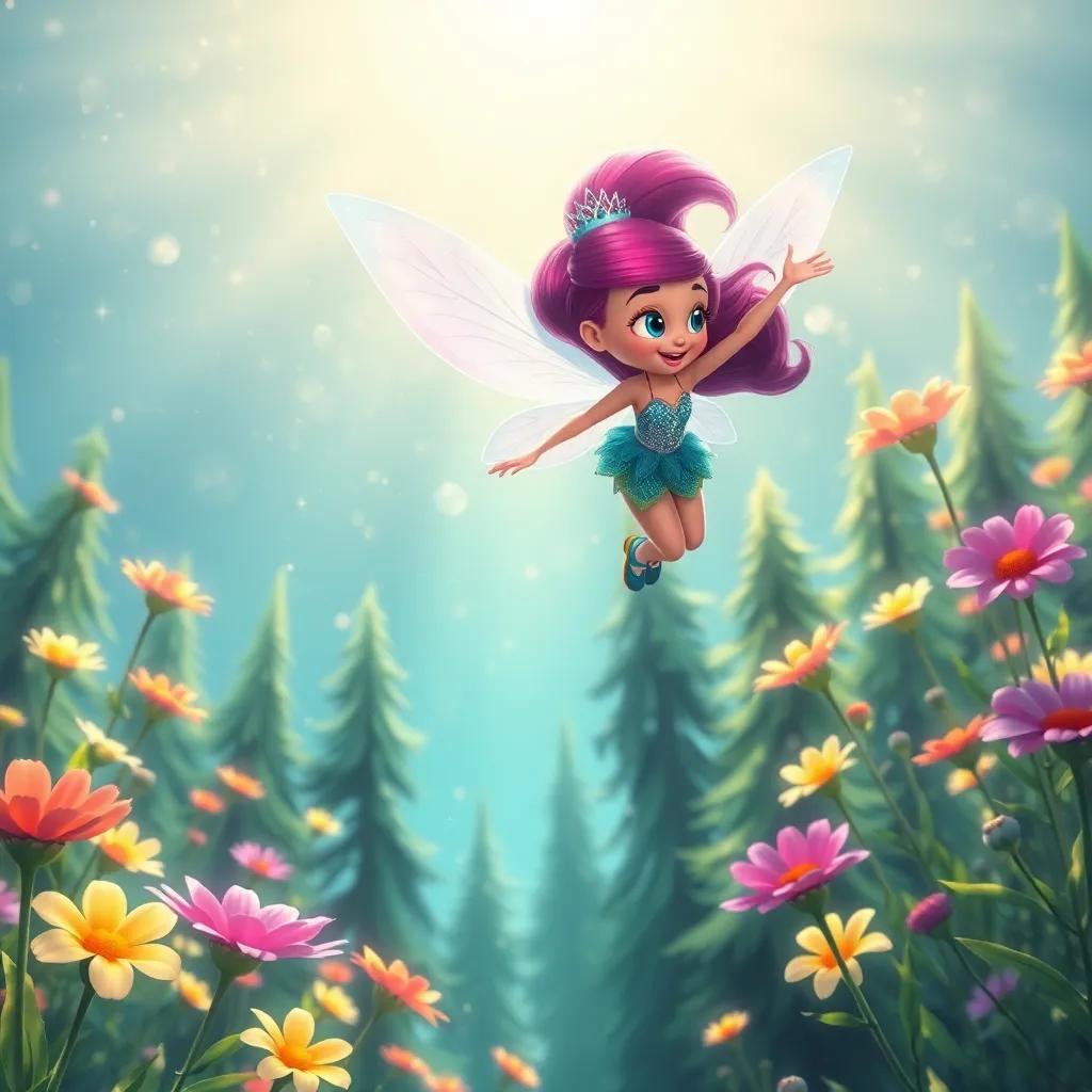 Shimmer the fairy flying high over bright flowers and tall trees, with a twinkling background, adventurous feeling, digital art, vivid colors, inspiring scene, cheerful perspective, detailed