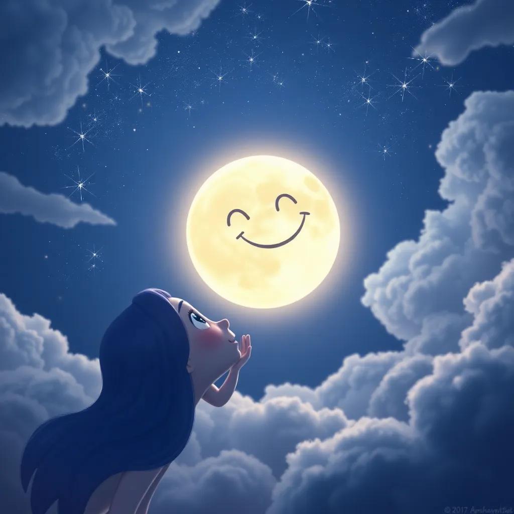 The moon smiling at Shimmer, who is looking up with excitement, surrounded by twinkling clouds, magical night sky, soft lighting, inviting setting, heartwarming view