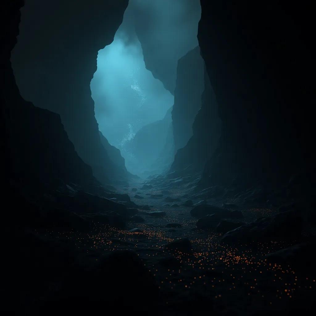 The dimly lit Valley of Shadows with Shimmer sprinkled with fairy dust, surrounded by shadows and a faint flickering light in the distance, captivating mood, enchanting scenery, high quality