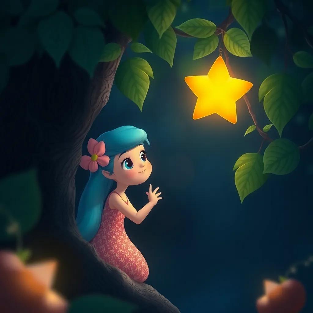 Shimmer finding a scared, dim star stuck in the leaves of a dark tree, capturing the moment of kindness and magic, inviting atmosphere, heartwarming art style, beautiful details