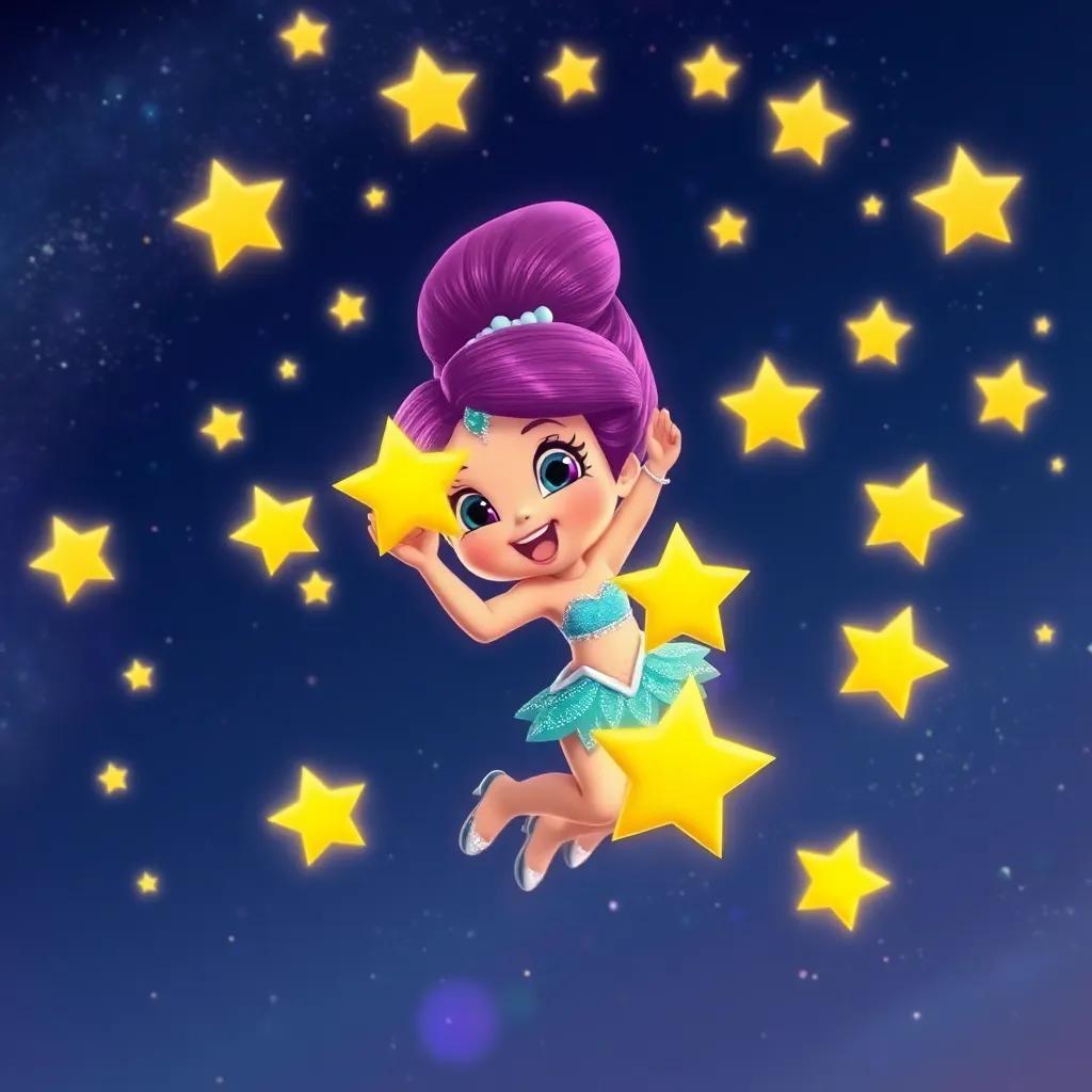 Shimmer and multiple stars she saved, flying joyfully in the sky, stars twinkling around her, cheerful celebration, colorful night sky, harmonious atmosphere, high quality