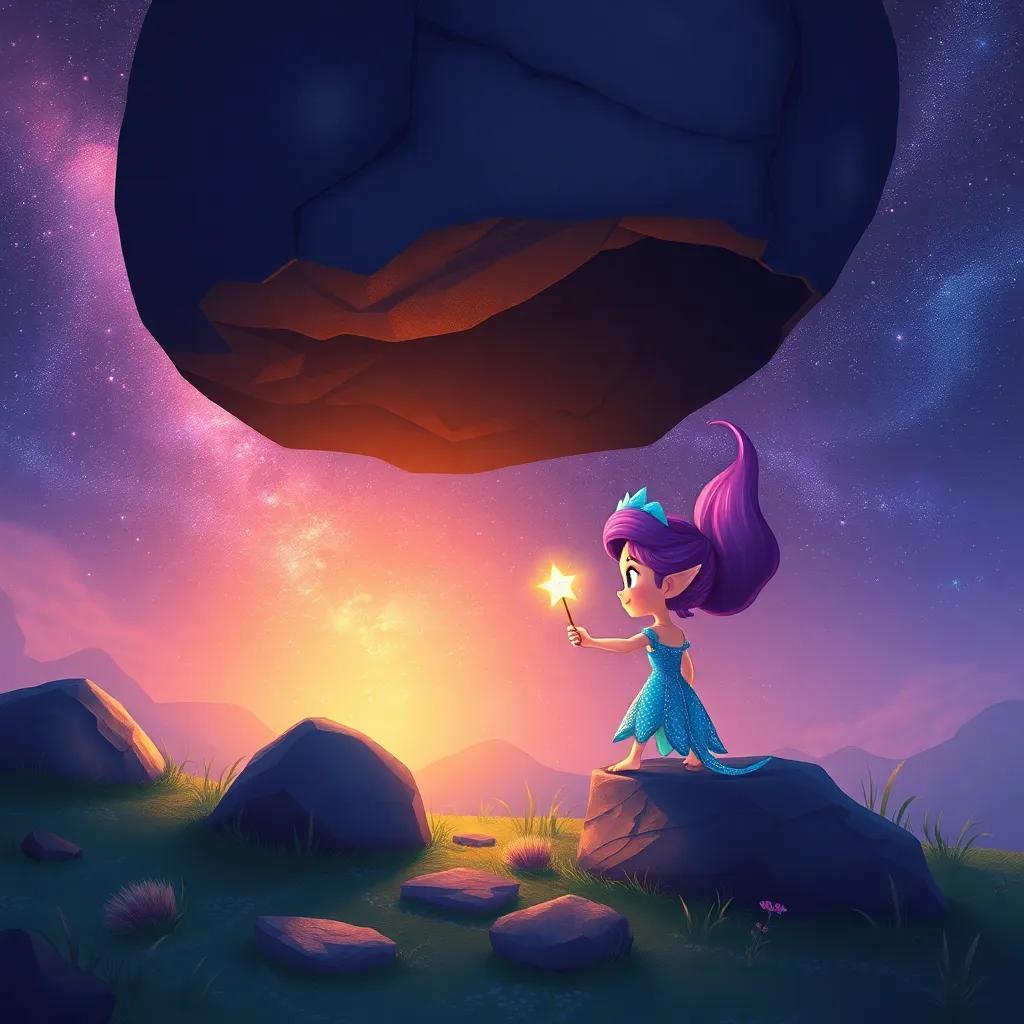 Shimmer finding the last star under a big rock, her wand glowing with magic, a sense of anticipation and wonder, beautiful scenery, colorful, heartwarming illustration, detailed