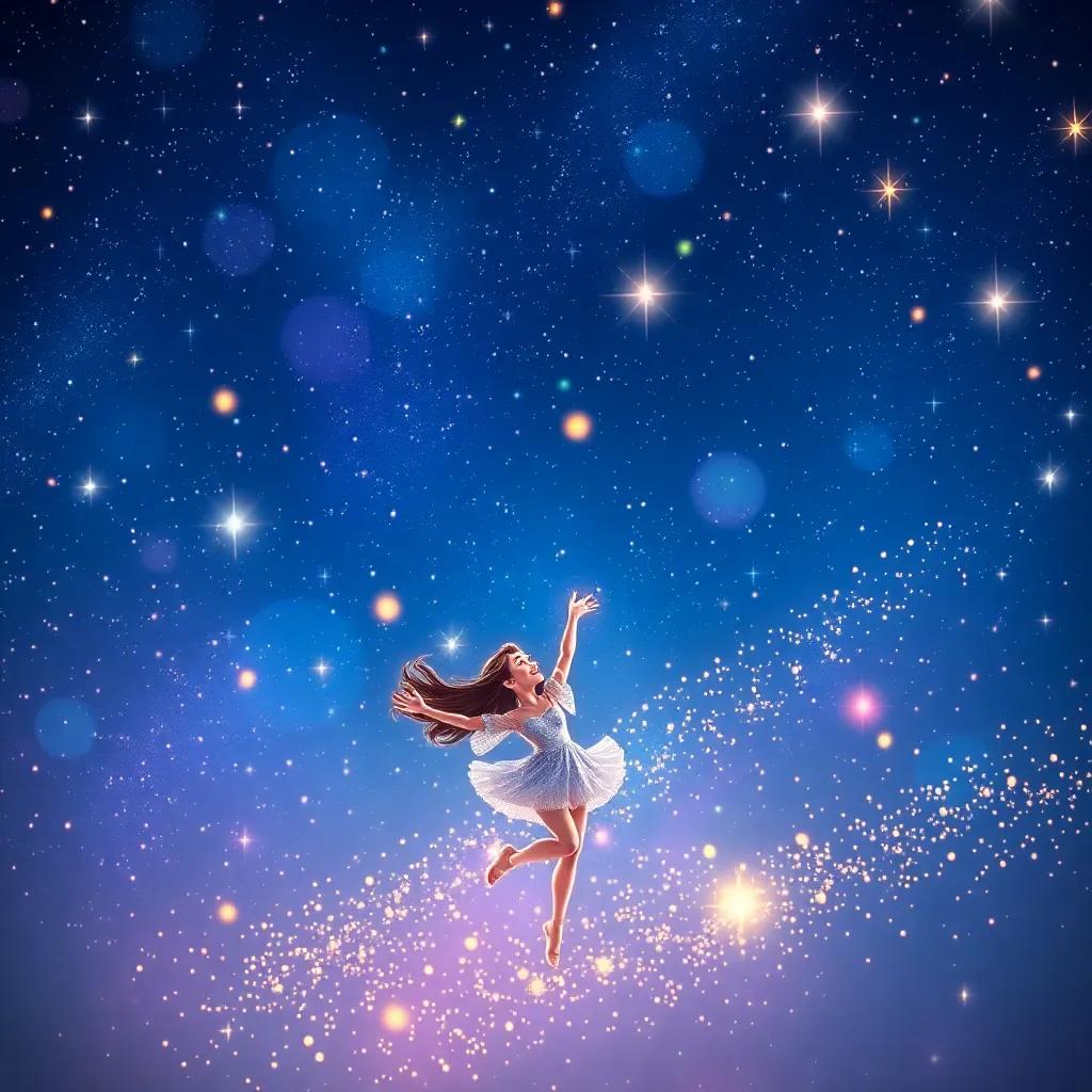 A beautiful night sky filled with shining stars, with Shimmer dancing in the air below, pure joy and brightness surrounding her, magical atmosphere, colorful, enchanting art, high detail