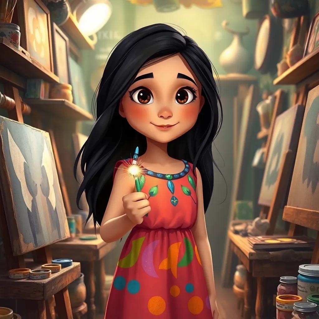 A young Turkish girl, Elif, with long, dark hair wearing a colorful dress, standing in a dusty art shop, holding a magical paintbrush with a sparkle, surrounded by paints and old canvases, illustration, warm light, inviting atmosphere, vibrant colors, high quality