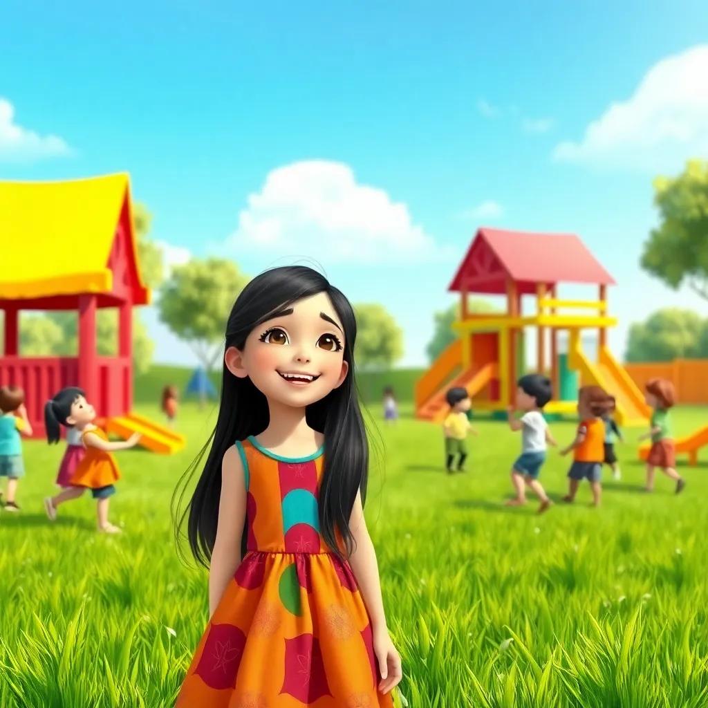 A young Turkish girl, Elif, with long, dark hair in a colorful dress, smiling joyfully in the colorful playground with children playing and laughter around, lush green grass, under the blue sky, happy scene, cheerful atmosphere, illustration, high quality