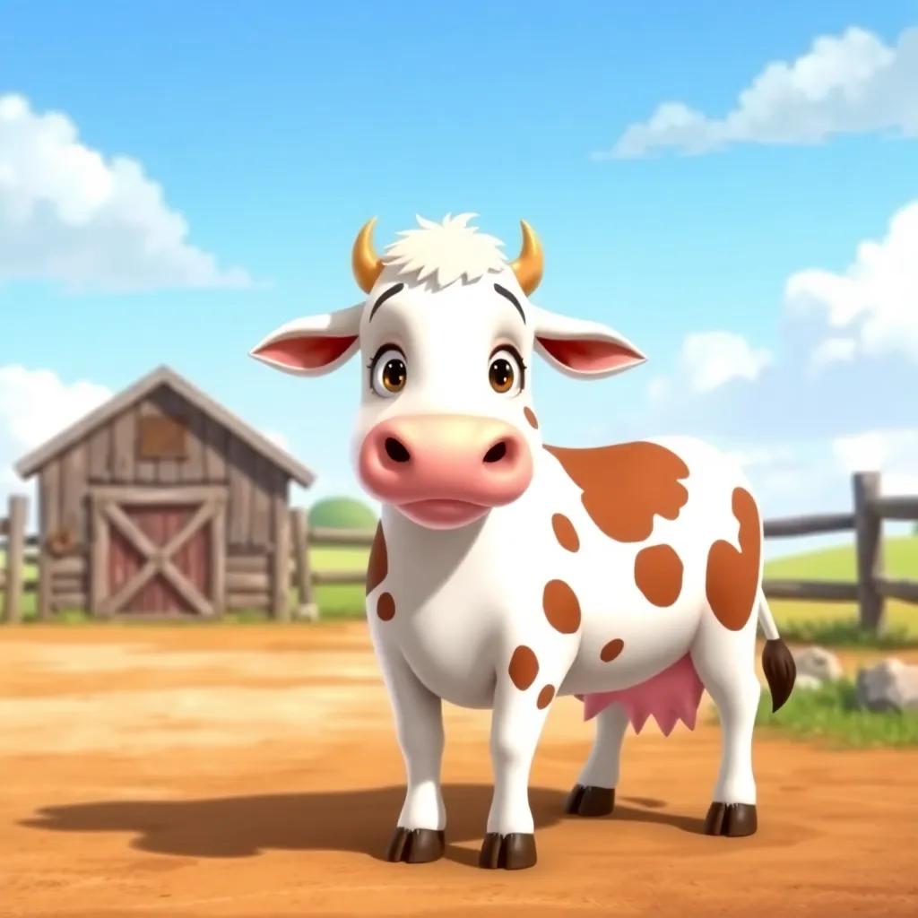 Clara the cow with brown spots, standing confused in the farmyard with a small barn in the background, looking at the loud Gabby, slightly tilting her head, illustration, warm and inviting, cute and humorous, bright colors