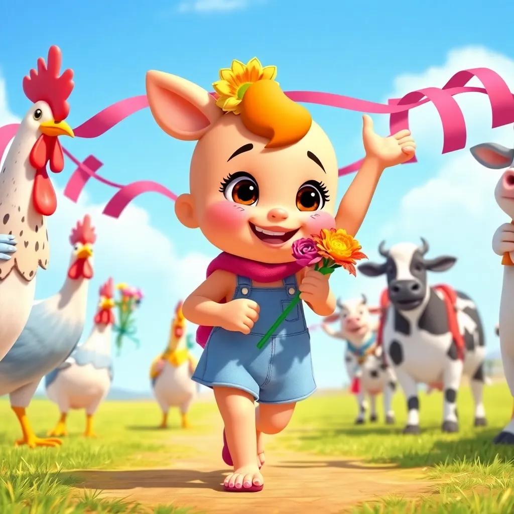Gabby leading his animal friends in gathering decorations, excited chickens carrying flowers and cows handing out ribbons, teamwork spirit, bright sunny sky, illustration, playful, friendly and inviting, vibrant colors