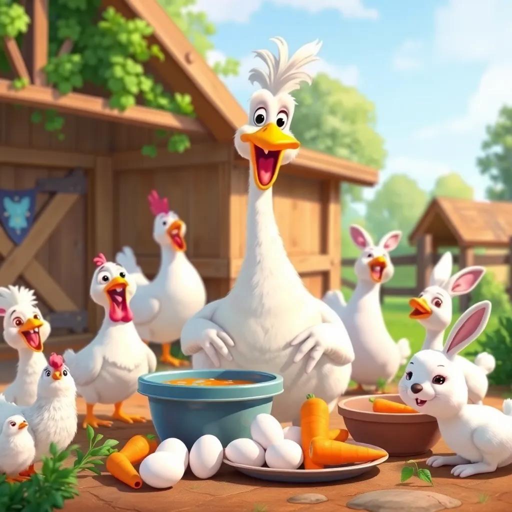 Gabby the goose and his friends excitedly preparing food, chickens laying eggs and rabbits finding carrots, lots of laughter and fun expressions, colorful farm setting, joyful atmosphere, cheerful illustration, high quality