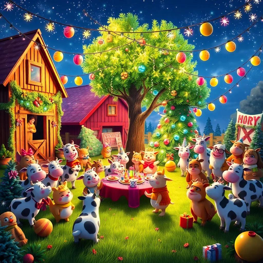 The farm transformed into a colorful party with decorations everywhere, all the animals celebrating under a big tree, with twinkling lights and festive vibes, happiness radiating, digital art, magical and lively, child-friendly style