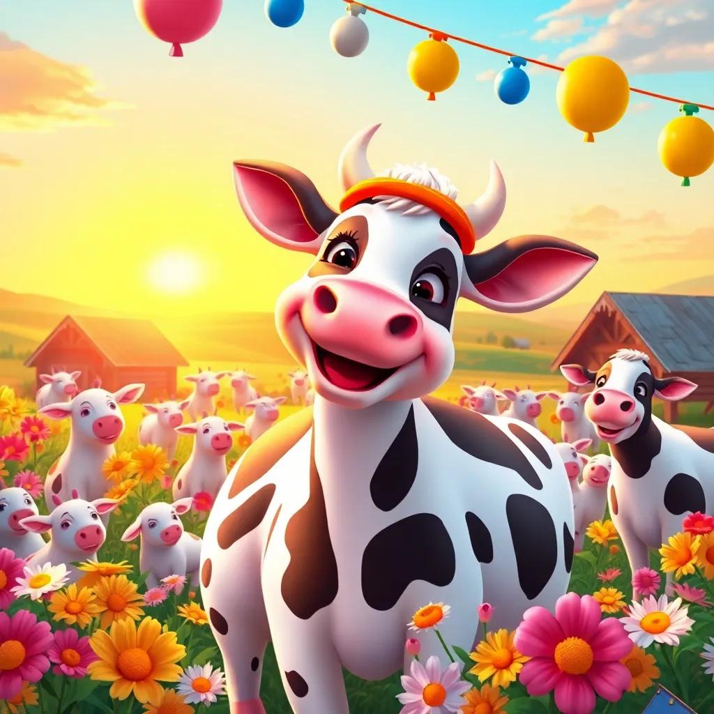 Clara the cow happily enjoying the decorations, surrounded by colorful flowers and smiling animals, loving the happy atmosphere, warm sunset reflecting on the farm, cheerful and friendly, illustration, bright and inviting