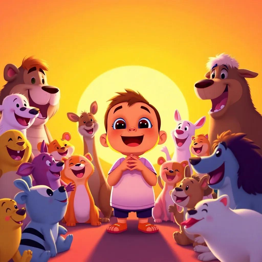 Gabby thanking all his friends, surrounded by laughing and cheering animals, a warm sunset behind them, all happy and playful after a fun party, illustration, heartwarming scene, vibrant and engaging