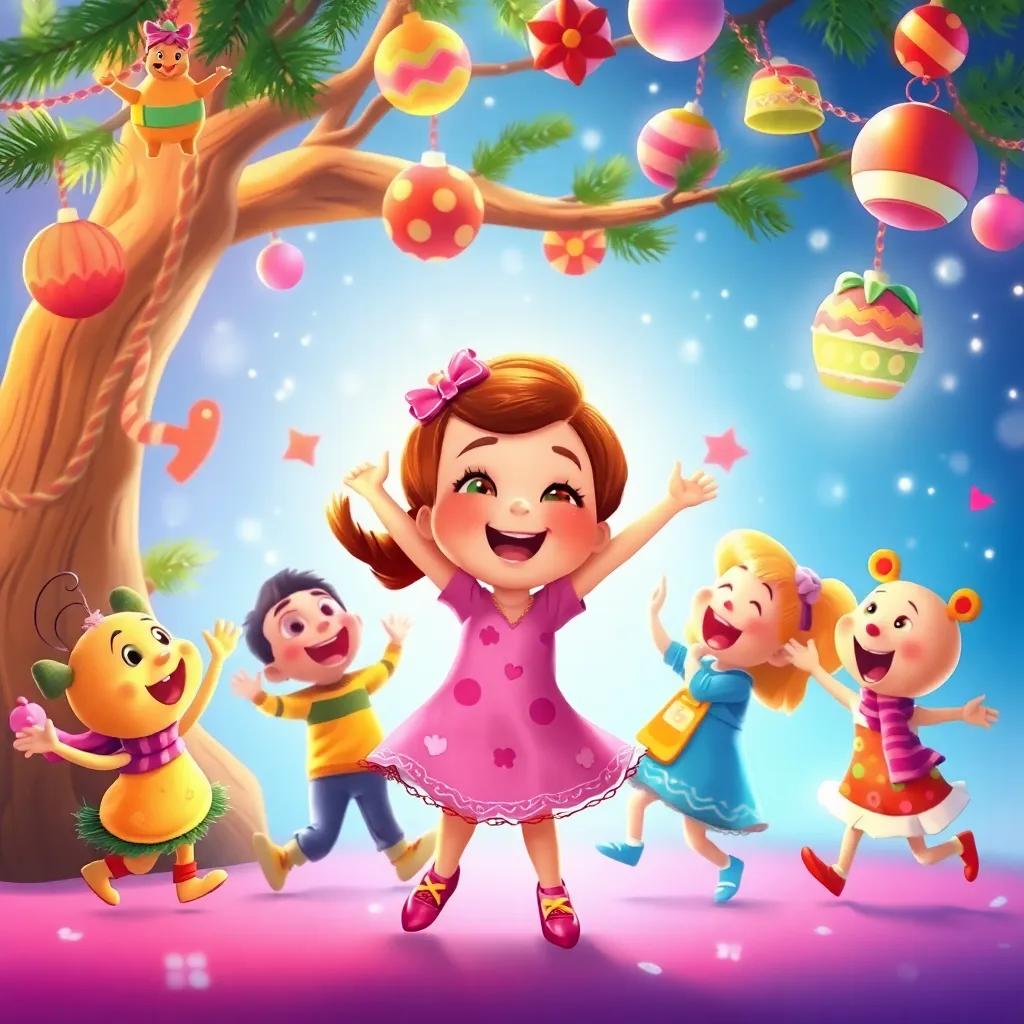Gabby with his friends dancing and singing around the tree, beautiful decorations hanging in the air, a feeling of friendship and fun, colors vibrant and full of life, digital art, enchanting and uplifting, child-friendly