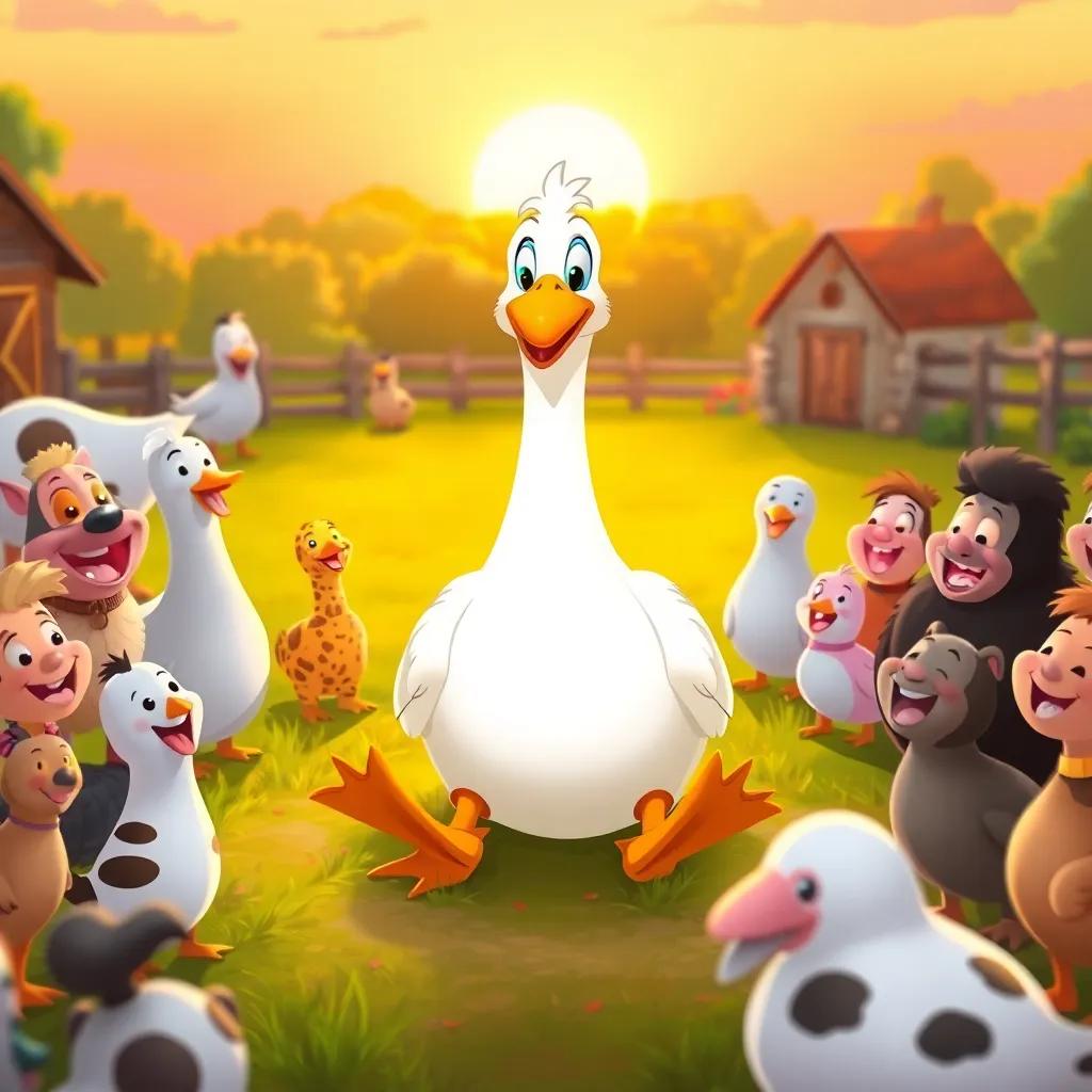 Gabby the silly goose, sitting proudly in the middle of the joyful farmyard with all his friends around, everybody smiling and laughing together, the sun setting behind, peaceful and celebratory, illustration, warm and colorful scene