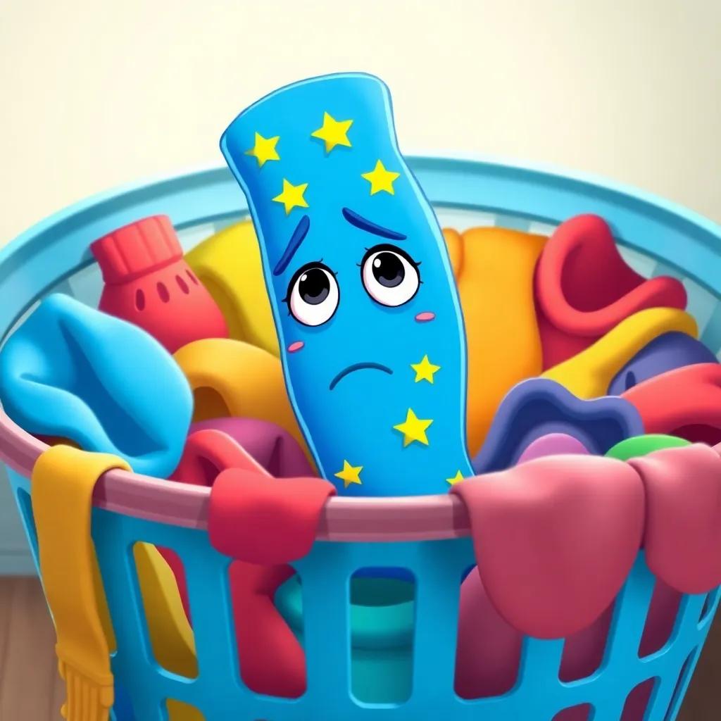 A bright blue sock named Ernest with yellow stars, looking worried in a laundry basket full of colorful clothes, cartoon style, vibrant colors, cheerful atmosphere, child-friendly illustration